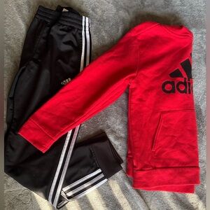 Adidas Kids Red and Black Tracksuit Bottoms and Sweatshirt